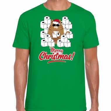 Fout kerst t shirt / outfit hamsterende kat merry christmas groen heren
