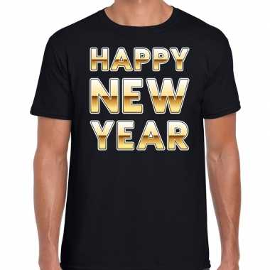 Nieuwjaar happy new year tekst t shirt zwart goud heren