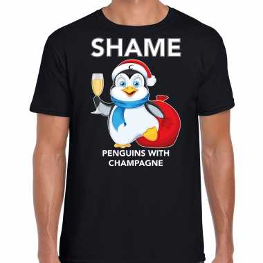 Pinguin kerst t shirt / outfit shame penguins with champagne zwart heren