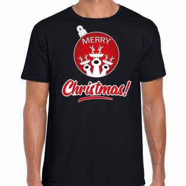 Rendier kerstbal shirt / kerst t shirt merry christmas zwart heren