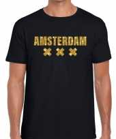 Amsterdam gouden glitter tekst t-shirt zwart heren