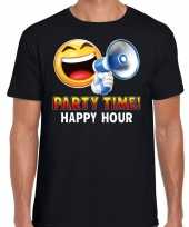 Funny emoticon t-shirt party time happy hour zwart heren