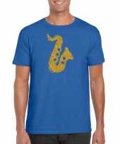 Gouden saxofoon muziek t-shirt kleding blauw heren