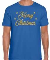 Kerst-shirt merry christmas gouden glitter letters blauw heren
