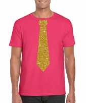 Roze fun t-shirt stropdas glitter goud heren