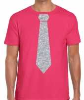 Roze fun t-shirt stropdas glitter zilver heren
