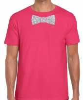 Roze fun t-shirt vlinderdas glitter zilver heren