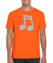 Zilveren muziek noot muziek feest t-shirt kleding oranje heren